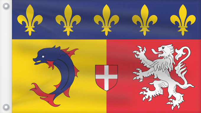 Drapeau, avec deux œillets métalliques et guindant renforcé : Rhône-Alpes Region Rhône-Alpes in France Région Rhône-Alpes en France Ródano-Alpes Rodano-Alpi Franse regio Rhône-Alpes