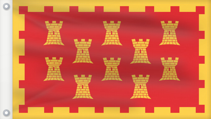 Bandera, con dos ojales metálicos y lado del asta reforzado: Unofficial County Flag of Greater Manchester	The County Flag of Greater Manchester is composed of ten golden castles  arranged in rows of 3-2-3-2  on a red background	Manchester