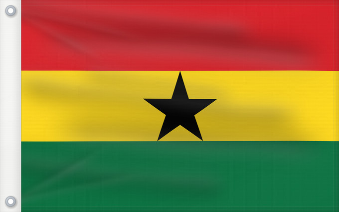 Bandera, con dos ojales metálicos y lado del asta reforzado: Ghana	علم غانا	Ganao	Ghanan	Ghána	Ghàna	Ndi Ghana	가나의 국기	Ghanas	Raaya bu Gana	Àsìá ilẹ̀ Ghana