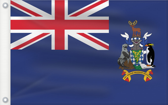 Drapeau, avec deux œillets métalliques et guindant renforcé : South Georgia and the South Sandwich Islands	Géorgie du Sud-et-les Îles Sandwich du Sud	Islas Georgias del Sur y Sandwich del Sur	Südgeorgien und die Südlichen Sandwichinseln	Georgia del Sud e isole Sandwich del Sud