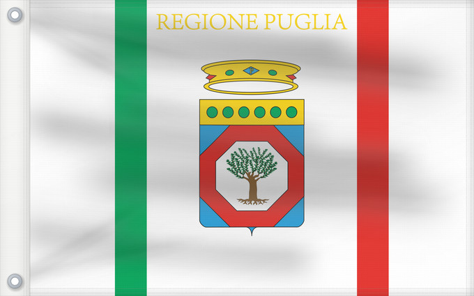 Bandera, con dos ojales metálicos y lado del asta reforzado: Apulia	Apulia or Puglia	région des Pouilles	Apulia o Pulla	Apulien	Puglia