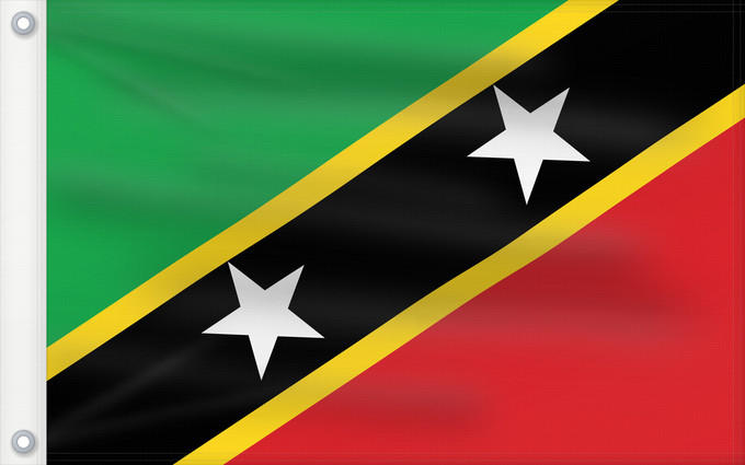 Bandera, con dos ojales metálicos y lado del asta reforzado: Saint Kitts and Nevis Saint-Christophe-et-Niévès San Cristóbal y Nieves St. Kitts und Nevis Saint Kitts e Nevis Saint Kitts a Nevis Shan Críostóir-Nimheas Sen Kitts ha Nevis Флаг Сент-Китса и Невиса Saunt Kitts an Nevis Saint Kittsa in Nevisa