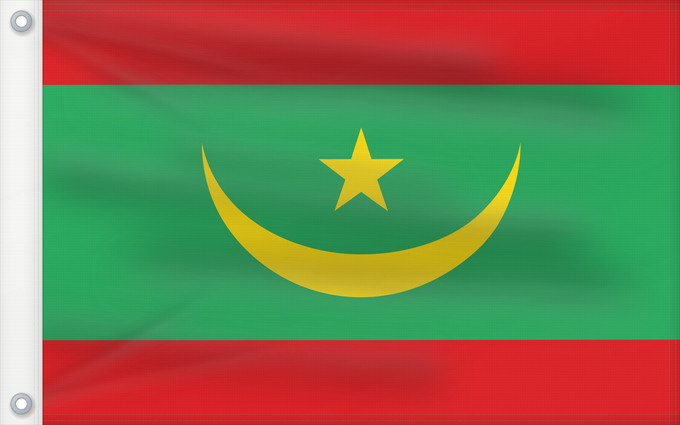 Flag, with two metal eyelets and reinforced hoist: Mauritania	Mauritanie	La Asamblea Nacional de Mauritania aprobó cambiar el diseño de la bandera nacional	Mauretanien	علم موريتانيا ، اعتمد في عام 2017. أضاف مجلس الأمة خطوطًا حمراء على الحافة العلوية والسفلية لتمثل  دماء شهداء الاستقلال