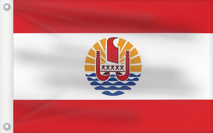 Bandera, con dos ojales metálicos y lado del asta reforzado: French Polynesia Polynésie française Polinesia Francesa Französisch-Polynesien Polinesia francese Polinèsia Francesa Reva nō Pōrīnetia farāni