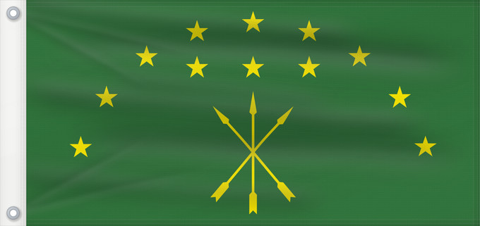 Drapeau, avec deux œillets métalliques et guindant renforcé : Adygea	Adygea, Russia	Adige	República de Adiguesia	Republik Adygeja	Repubblica di Adygea	Флаг Адыгеи	Прапор Адигеї