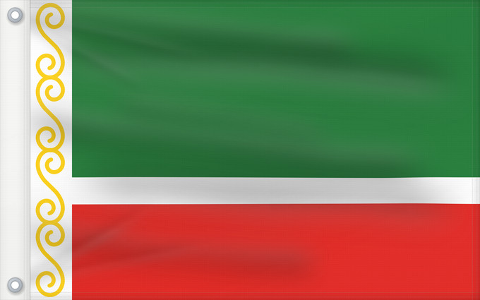Drapeau, avec deux œillets métalliques et guindant renforcé : Chechen Republic	Chechenia	Tschetschenische	Cecenia	Байракх Нохчийн Республикан	Флаг Чеченской Республики	Парчами Ҷумҳурии Чеченистон	Стяг Чеченської Республіки Російської Федерації
