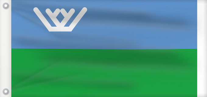 Drapeau, avec deux œillets métalliques et guindant renforcé : Yugra Khanty-Mansi Autonomous Okrug Le district autonome des Khantys-Mansis Iougra distrito autónomo de Janti-Mansi - Yugra Autonome Kreis der Chanten und Mansen Флаг Ханты-Мансийского автономного округа — Югры
