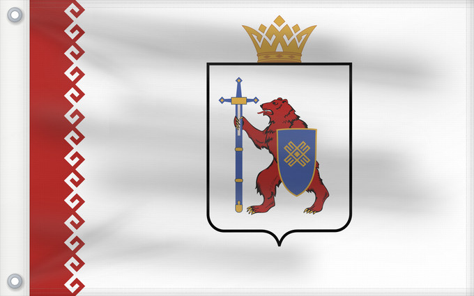 Drapeau, avec deux œillets métalliques et guindant renforcé : Mari El	République des Maris ou Mari El 	Mari-El (o Cheremia) 	Republik Mari El	Mari El Repubblica	Мари Эл ялавĕ	Марий Элын тистыже	Государственный флаг Республики Марий Эл