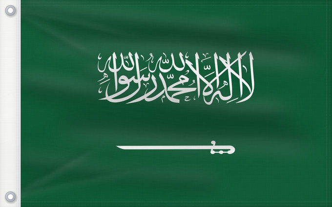 Flag, with two metal eyelets and reinforced hoist: Civil Ensign of Saudi Arabia  obverse	Saudi Arabia	Arabie saoudite	Arabia Saudita	Saudi-Arabien	الشعار المدني في الأعلى على الركن الأيمن للعلم، ومعدل التناسب ٢ ٣