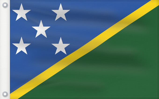 Bandera, con dos ojales metálicos y lado del asta reforzado: Solomon Islands	îles Salomon	Islas Salomón	Salomonen	Isole Salomone	Salomonseilanden	Ynysoedd Solomon	Oileán Sholamón	Brattagh ny h-Ellanyn Holomon	Ynysow Salamon	The Solomon Islands	Salomonovih otokih