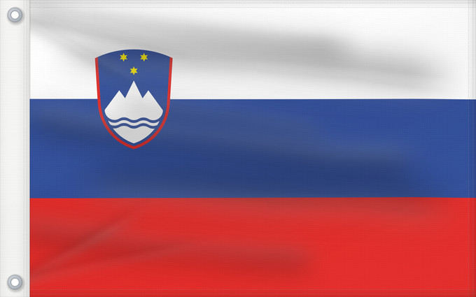 Bandera, con dos ojales metálicos y lado del asta reforzado: Slovenia	Slovénie	Eslovenia	Slowenien	Slovenië	Słowenii	Сцяг Славеніі	Slovenije	D Eslovènia	Slovinská vlajka	Флаг Словении	Прапор Словенії
