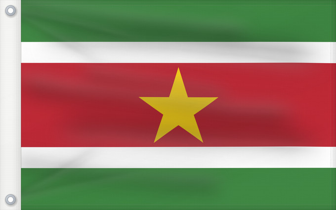 Flag, with two metal eyelets and reinforced hoist: Suriname Surinam সুরিনামের জাতীয় পতাকা Surinamo Fan Suriname सूरीनाम का ध्वज Bendéra Suriname Surinamiae Vun Surinam Unancha Surinam Styago Suriname Флаг Суринама Surinama Fraga fu den Ripoliku Sranan פאן סורינאםס