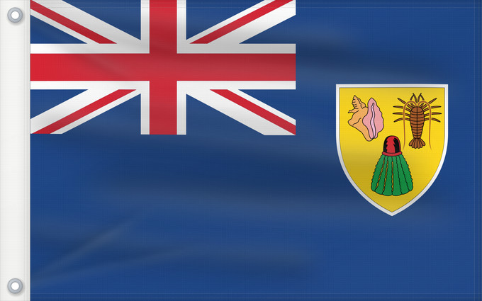 Bandera, con dos ojales metálicos y lado del asta reforzado: Turks and Caicos Islands Turques et caiques !Îles Turques-et-Caïques Islas Turcas y Caicos Turks- und Caicosinseln Turks e Caicos Ynysoedd Turks a Caicos DTurcach agus Caicos Turks ha Kaykos Флаг Тёркса и Кайкоса