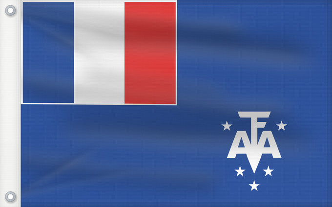 Bandera, con dos ojales metálicos y lado del asta reforzado: French Southern and Antarctic Lands	En French Southern and Antarctic Lands	Terres australes et antarctiques françaises	Administrador Superior de los Territorios Australes Franceses	Französische Süd- und Antarktisgebiete	Territori francesi meridionali	Fran