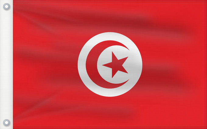 Drapeau, avec deux œillets métalliques et guindant renforcé : Tunisia Tunisie Túnez Tunesien Tunesië علم تونس তিউনিসিয়ার পতাকা। Tunísia Флаг Туниса Tunizije ⴰⵛⴻⵏⵢⴰⵍ ⵏ ⵜⵓⵏⴻⵙ