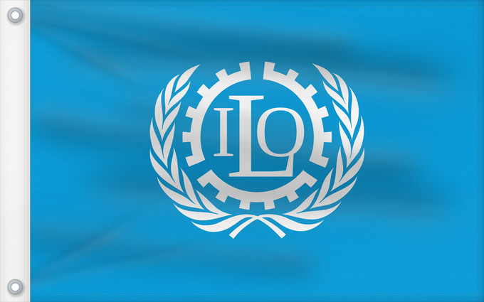Drapeau, avec deux œillets métalliques et guindant renforcé : ILO	International Labour Organization	Organisation internationale du travail	Internationale Arbeitsorganisation	Dell Organizzazione Internazionale del Lavoro