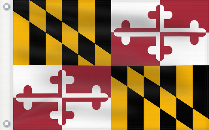 Bandera, con dos ojales metálicos y lado del asta reforzado: Maryland Stanowa Marylandu ᎺᎵᏂ ᎦᏓᏘ Ka hae Melelana Terræ Mariæ Méelin Hahoodzo bidah naatʼaʼí Флаг Мэриленда Američke savezne države Maryland