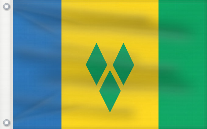 Bandera, con dos ojales metálicos y lado del asta reforzado: Saint Vincent and the Grenadines	Saint-Vincent-et-les Grenadines	San Vicente y las Granadinas	St. Vincent und die Grenadinen	Saint Vincent e Grenadine	Флаг Сент-Винсента и Гренадин	Saint Vincenta in Grenadin