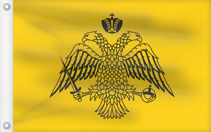 Drapeau, avec deux œillets métalliques et guindant renforcé : Greek Orthodox Church	Used by the Greek Orthodox Church	Église orthodoxe grecque	Iglesia Ortodoxa Griega	Griechisch-Orthodoxe Kirche	Chiesa greco-ortodossa	Υποτιθέμενη σημαία της Βυζαντινής Αυτοκρατορίας	Doğu Roma İmparatorluğu nun son hanedanı