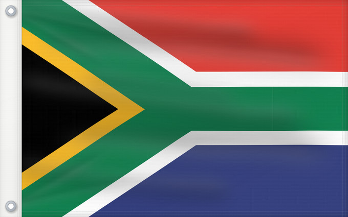 Bandera, con dos ojales metálicos y lado del asta reforzado: South Africa	Afrique du Sud	Sudáfrica	Südafrika	Sudafrica	South África Used color National flag | South African Government and Pantone Color Picker      green rendered as RGB 000 119 073Pantone 3415 C      yellow rendered as RGB 255 184 028Pantone 1235 C 