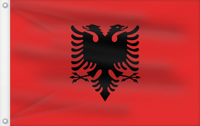 Bandera, con dos ojales metálicos y lado del asta reforzado: Albania	L Albanie	Albanien	Dell Albania	علم ألبانيا	Albanije	Σημαία της Αλβανίας	Albanio	Albanian	Drapél de l’Albanie	Albánia	Ala Albanyayê	Albaniae	Albanesche Fändel	Знаме на Албанија	Albaniei	Флаг Албании	S Albania	Bannera di Albanìa	Albánska	I Shqipëri