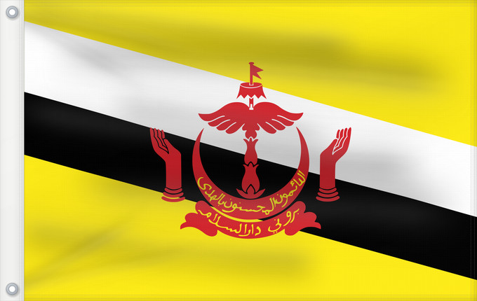 Bandera, con dos ojales metálicos y lado del asta reforzado: Brunei	Brunei Darussalam	Brunéi	علم بروناي	Bruneis	Brunein	브루나이의 국기	Bruney	Brunei / بنديرا بروني	ဘရူနိုင်းနိုင်ငံ၏ အလံတော်	Флаг Брунея	Bruneja	புரூணை கொடி	ธงชาติบรูไนดารุสซาลาม	Watawat Brunay	Cờ Brunei	​文莱国旗