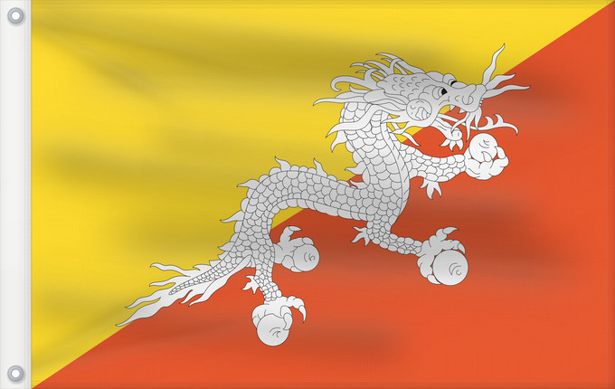Flag, with two metal eyelets and reinforced hoist: Bhutan Bhoutan Bután Butão علم بوتان ভূটানের পতাকা ཧྥ་རན་ས་ཀྱི་དར་ཆ། Bhutani lipp Bhutanin Watawat ng Bhutan भूटान का ध्वज Флаг Бутана Butana Bhutans Bhutanu ธงชาติ ประเทศภูฏาน