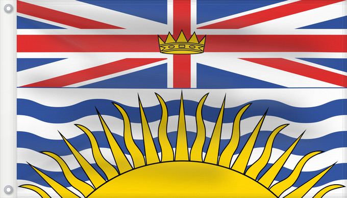 Bandera, con dos ojales metálicos y lado del asta reforzado: British Columbia Colombie-Britannique Columbia Británica Columbia Britannica Banniel proviñs Kolombia Vreizhveuriat British Columbia