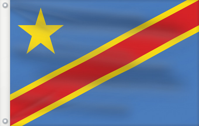 Bandera, con dos ojales metálicos y lado del asta reforzado: Democratic Republic of the Congo The national flag of the Democratic Republic of the Congo La République démocratique du Congo Rep. Dem. del Congo Demokratischen Republik Kongo Repubblica Democratica del Congo Democratische Republiek Congo علم جمهورية الك