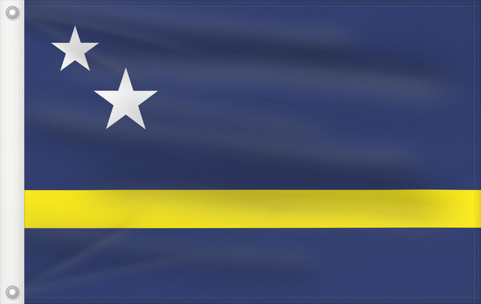 Drapeau, avec deux œillets métalliques et guindant renforcé : Curaçao	Curazao	Curacao	Curaçao is a blue field with a horizontal yellow stripe slightly below the midline and two white