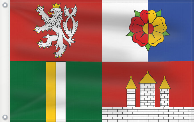 Bandera, con dos ojales metálicos y lado del asta reforzado: South Bohemian Region	Région de Bohême du Sud	Südböhmische Region