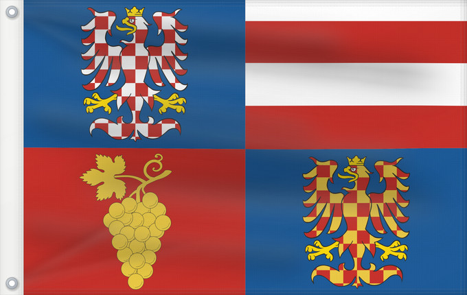 Bandera, con dos ojales metálicos y lado del asta reforzado: South Moravian Region	Région de Moravie du Sud)	Región de Moravia Meridional	Südmährische Region	Moravia meridionale	Jihomoravského kraje