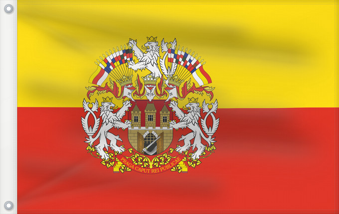 Bandera, con dos ojales metálicos y lado del asta reforzado: Prague flag with CoA Prague flag with coats of arms Prague Praga Prahy se znakem Prahy