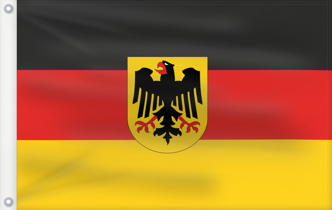 Bandera, con dos ojales metálicos y lado del asta reforzado: Germany  state	Bundesdienstflagge  Flag of the federal authorities of Germany	Allemagne	La Bundesdienstflagge está reservada para las autoridades federales alemanas	Die Bundesdienstflagge ist den deutschen Bundesbehörden vorbehalten	Germania