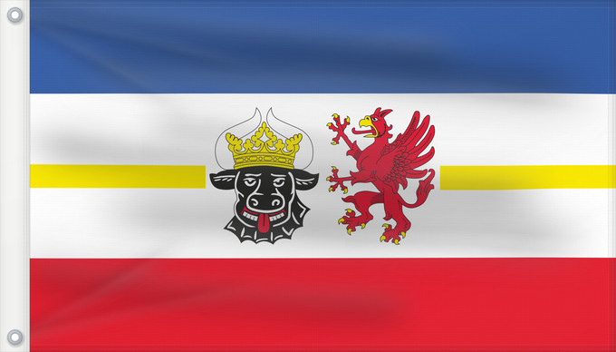 Bandera, con dos ojales metálicos y lado del asta reforzado: Mecklenburg-Western Pomerania	Mecklenburg-Vorpommern	Mecklembourg-Poméranie-Occidentale	Mecklemburgo-Pomerania Occidental	Meclemburgo-Pomerania Anteriore