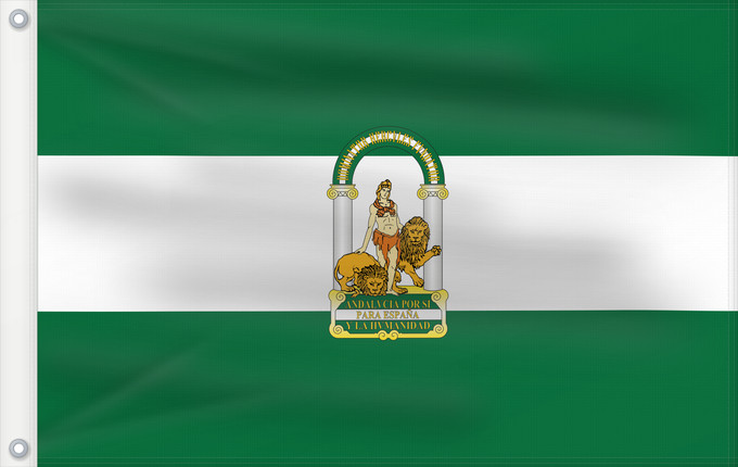 Bandera, con dos ojales metálicos y lado del asta reforzado: Andalucía	Autonomous Comunity of Andalusia  Spain	Andalusia	Comunidad Autónoma de Andalucía  España