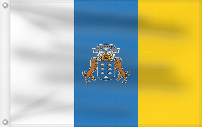Bandera, con dos ojales metálicos y lado del asta reforzado: Canary Islands Communauté autonome des îles Canaries Espagne Comunidad Autónoma de Canarias España Kanarischen Inseln Isole Canarie カナリア諸島自治州の州旗。