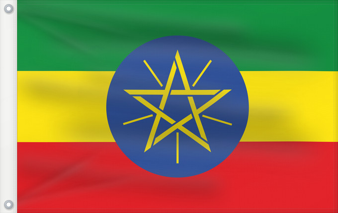 Drapeau, avec deux œillets métalliques et guindant renforcé : Ethiopia	Éthiopie	Etiopía	Äthiopien	Dell Etiopia	የኢትዮጵያ ሰንደቅ ዓላማ	Etiopie	Σημαία της Αιθιοπίας	Alaabaa Itoophiyaa	Itoobiya	Etiopiens