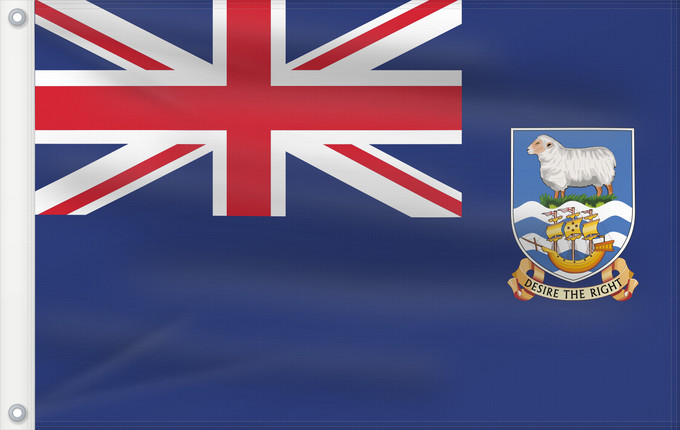 Bandera, con dos ojales metálicos y lado del asta reforzado: Falkland Islands	British flag of the Falkland Islands	Îles Malouines	Islas Malvinas	Falklandinseln	Isole Malvine	Ynysoedd y Falklands	Ynysow Falkland	Флаг Фолклендских островов