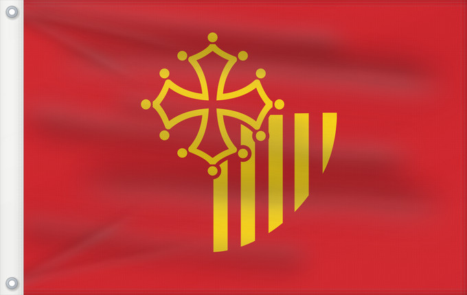 Flagge, mit zwei Metallösen und verstärktem Besatzband: Languedoc-Roussillon	, until 2004, of the region Languedoc-Roussillon in France	Région Languedoc-Roussillon en France jusqu en 2004	Languedoc-Rosellón o Lenguadoc-Rosellón	Linguadoca-Rossiglione