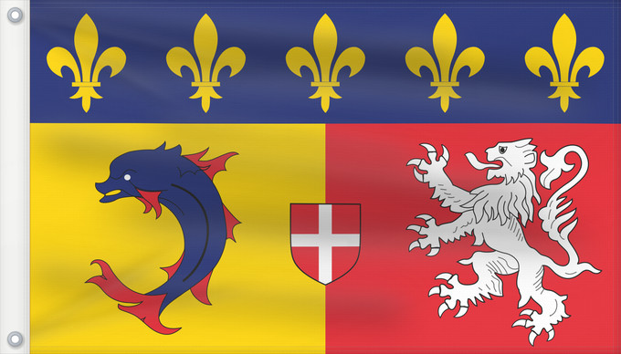 Flagge, mit zwei Metallösen und verstärktem Besatzband: Rhône-Alpes	Region Rhône-Alpes in France	Région Rhône-Alpes en France	Ródano-Alpes	Rodano-Alpi	Franse regio Rhône-Alpes