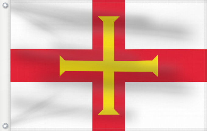 Bandera, con dos ojales metálicos y lado del asta reforzado: Guernsey	Guernesey	Guernsey (Kanalinsel)	Couleu de Guernési	Ynys y Garn
