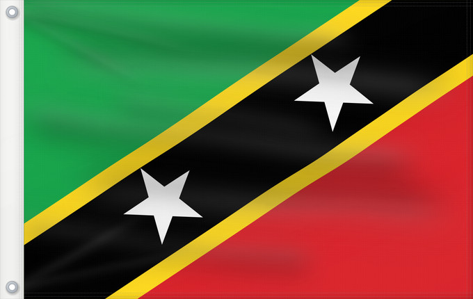 Bandera, con dos ojales metálicos y lado del asta reforzado: Saint Kitts and Nevis Saint-Christophe-et-Niévès San Cristóbal y Nieves St. Kitts und Nevis Saint Kitts e Nevis Saint Kitts a Nevis Shan Críostóir-Nimheas Sen Kitts ha Nevis Флаг Сент-Китса и Невиса Saunt Kitts an Nevis Saint Kittsa in Nevisa
