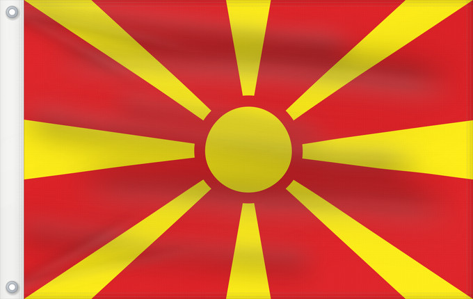 Bandera, con dos ojales metálicos y lado del asta reforzado: Macedonia	Republic of Macedonia	République de Macédoine	República de Macedonia	Republik Mazedonien	Repubblica di Macedonia	Republiek Macedonië	Macedonii	علم مقدونيا	Знамето на Република Македония	Makedoonia lipp	マケドニアの国旗	Знаме на Република Македонија	Drža