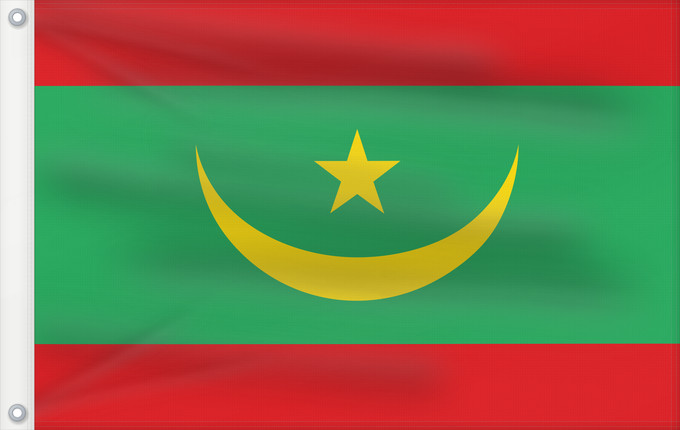 Flag, with two metal eyelets and reinforced hoist: Mauritania Mauritanie La Asamblea Nacional de Mauritania aprobó cambiar el diseño de la bandera nacional Mauretanien علم موريتانيا ، اعتمد في عام 2017. أضاف مجلس الأمة خطوطًا حمراء على الحافة العلوية والسفلية لتمثل دماء شهداء الاستقلال