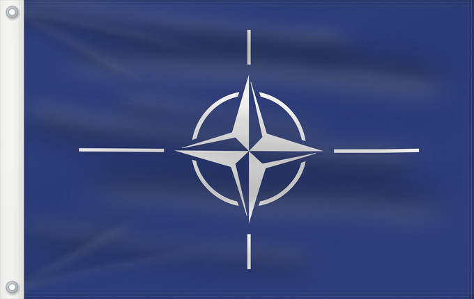 Flag, with two metal eyelets and reinforced hoist: NATO North Atlantic Treaty Organization NATO L Organisation du traité de l Atlantique nord OTAN Organización del Tratado del Atlántico Norte OTAN Organizazione/ North Atlantic Starts Treaty Dell Organizzazione del Trattato dell Atlantico del Nord NATO