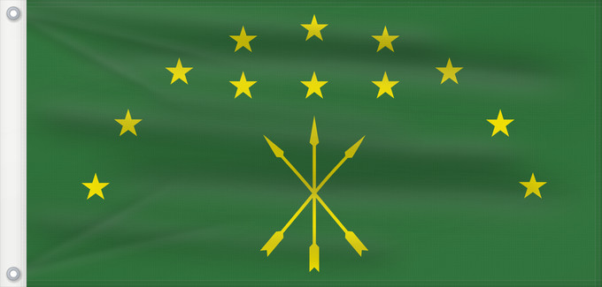 Drapeau, avec deux œillets métalliques et guindant renforcé : Adygea	Adygea, Russia	Adige	República de Adiguesia	Republik Adygeja	Repubblica di Adygea	Флаг Адыгеи	Прапор Адигеї