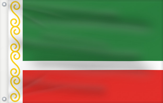 Drapeau, avec deux œillets métalliques et guindant renforcé : Chechen Republic	Chechenia	Tschetschenische	Cecenia	Байракх Нохчийн Республикан	Флаг Чеченской Республики	Парчами Ҷумҳурии Чеченистон	Стяг Чеченської Республіки Російської Федерації