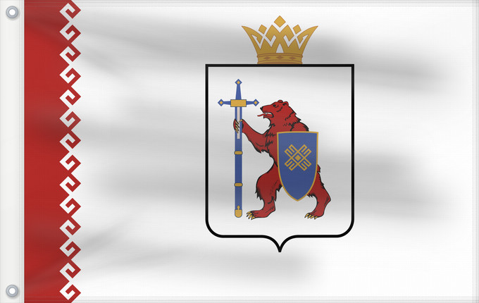 Bandera, con dos ojales metálicos y lado del asta reforzado: Mari El	République des Maris ou Mari El 	Mari-El (o Cheremia) 	Republik Mari El	Mari El Repubblica	Мари Эл ялавĕ	Марий Элын тистыже	Государственный флаг Республики Марий Эл
