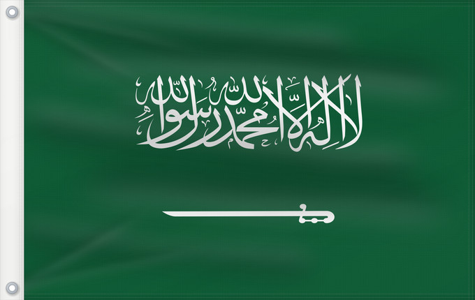 Flag, with two metal eyelets and reinforced hoist: Civil Ensign of Saudi Arabia  obverse	Saudi Arabia	Arabie saoudite	Arabia Saudita	Saudi-Arabien	الشعار المدني في الأعلى على الركن الأيمن للعلم، ومعدل التناسب ٢ ٣